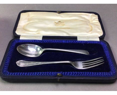 SIX CASED SILVER FLATWARE SETS comprising Christening fork and spoon, set of five coffee spoons, Christening knife, fork and 