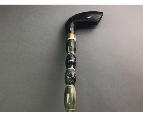 VINATGE WALKING CANE AND A MANTEL CLOCK  the cane in horn with brass neck, the Rapport clock cased in mahoganythe clock 44cm 