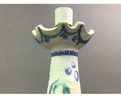 CERAMIC TABLE LAMP BY FALCONER HOUSTON AND OTHER OBJECTS including a pair of candlesticks and a jug