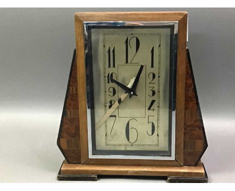 ART DECO MANTEL CLOCK ALONG WITH A WALL CLOCK, BAROMETER AND SCALES the barometer in carved wood casethe Art Deco clock 29.5c
