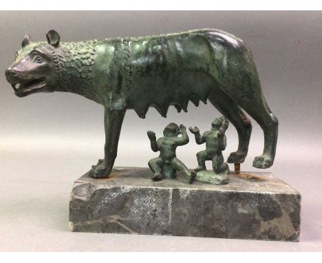 LA LUPA CAPITOLINA A BRONZE GROUP AFTER THE ORIGINAL 'The Capitoline Wolf', modelled on all fours and suckling Romulus and Re