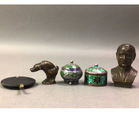 JAPANESE NETSUKE ALONG WITH SILVER AND CLOISONNE BOXES and a bust