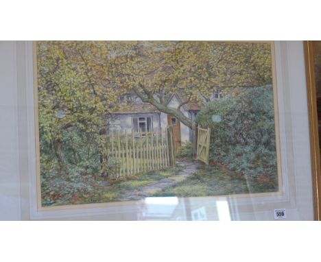 A framed and glazed watercolour - Cottage Gate, Cholesbury - Signed John Chalkley (Listed Artist) - in very good condition - 