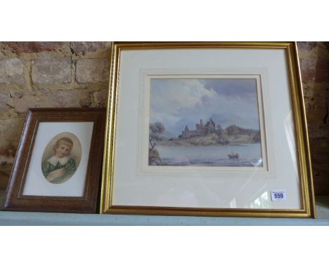 A framed and glazed watercolour - Highland Loch scene, boat to foreground, ruined house beyond - unsigned - 46cm x 43cm and a
