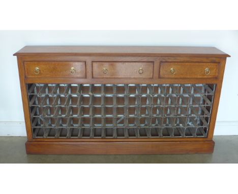 A large burr oak wine rack, three drawers over rack raised on plinth base built by a local craftsman to a high standard - 158