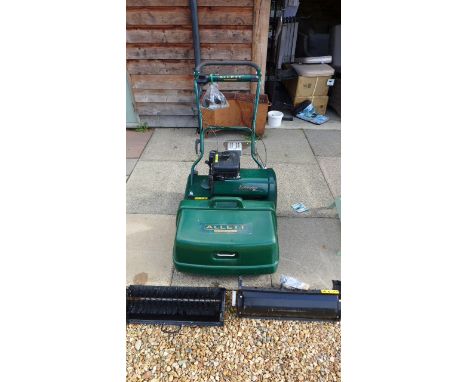 An Allett Expert Kensington 20K petrol cylinder lawn mower with a Kawasaki engine and extras to include a Sweeper and Vericut