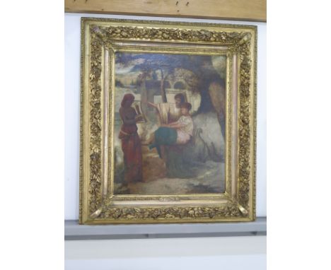 A 19th century oil on canvas representing allegorical scene - two young women listen to maid playing harp - signed lower righ