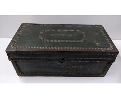A Regency period green leather and brass bound campaign/ coaching twin handled trunk 26.5hx635.5wLocation: 