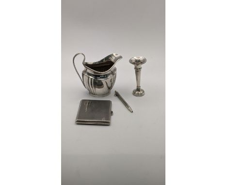 Silver to include a cream jug, a cigarette case, 17.9g, a weight specimen vase and a pencilLocation: 