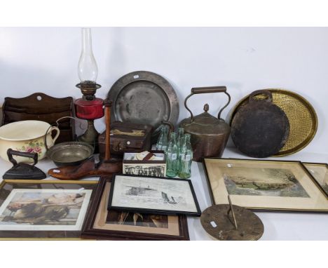A mixed lot to include a Victorian oil lamp, 18th/19th century pewter charger, sun dial, pictures, and other items Location: 