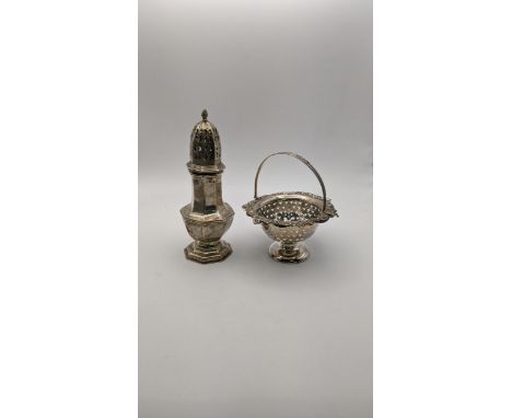 A silver sugar caster A/F together with a silver pedestal basket having a floral embossed border and pierced bowl, total weig