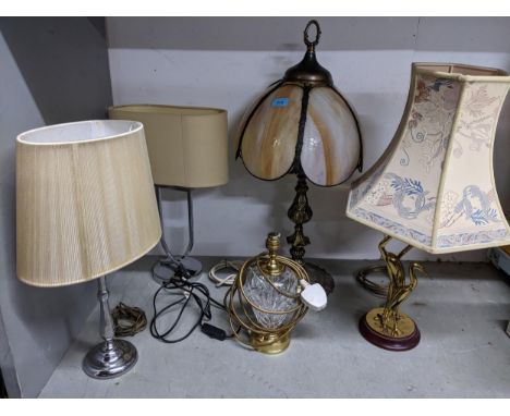 Vintage and modern lighting to include an Art Deco chrome table lamp, with later shade, a brass lamp with two storks modelled