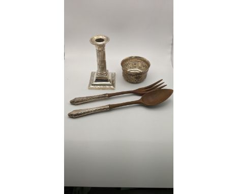 Sterling silver handled and wooden salad servers, together with a silver embossed bowl and candlestick, Location: 