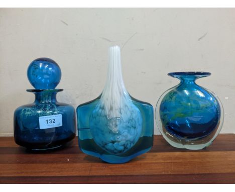 Mdina glass designed by Michael Harris - a glass fish/ axe head glass vase the centre white enamel blobs encased in blue glas