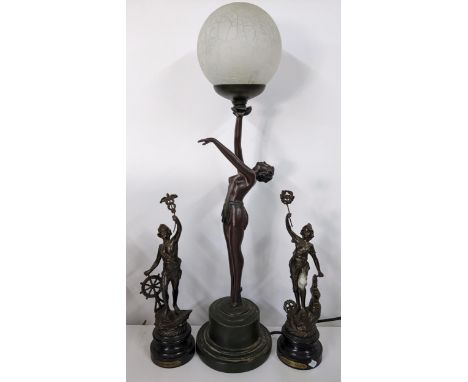 An Art Deco style table lamp of a nude lady, together with a pair of Victorian spelter figures Location: