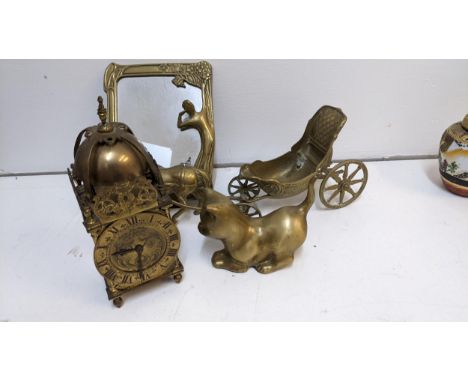 A small brass lantern clock with a French movement, 23cm h, a brass mirror, a model of a cat and horse and cart Location: 