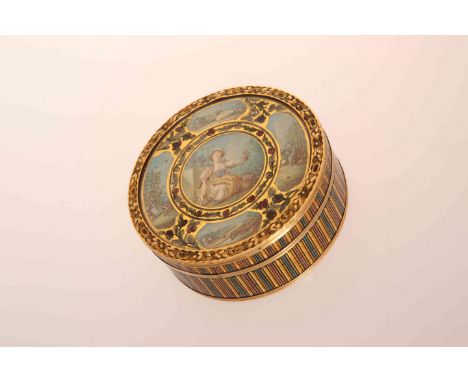 A FRENCH GOLD MOUNTED LACQUER SNUFF BOX AND COVER, striped in "vernis martin", the cover painted with young lady and dog in a