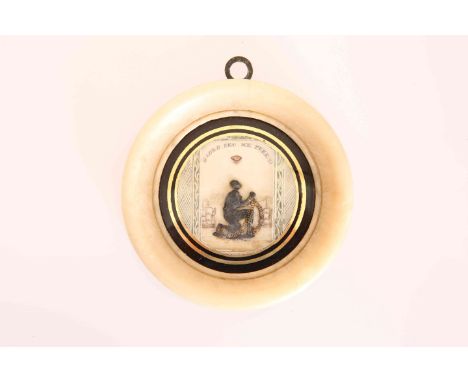 A RARE ANTI-SLAVERY PLAQUE, FIRST QUARTER 19th CENTURY, circular, on ivory, centred by the figure of kneeling slave in chains