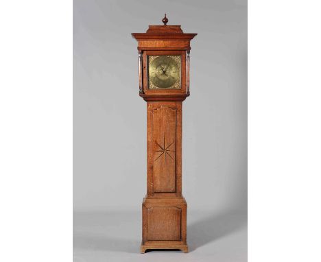 LAWSON, KEIGHLEY, AN 18TH CENTURY OAK 30 HOUR LONGCASE CLOCK, the 12-inch square brass dial with date crescent, the hood with