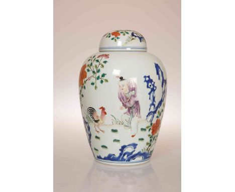 A CHINESE FAMILLE ROSE "CHICKEN" VASE AND COVER, painted with a figure in a garden watching a cockerel, hen and six chicks be