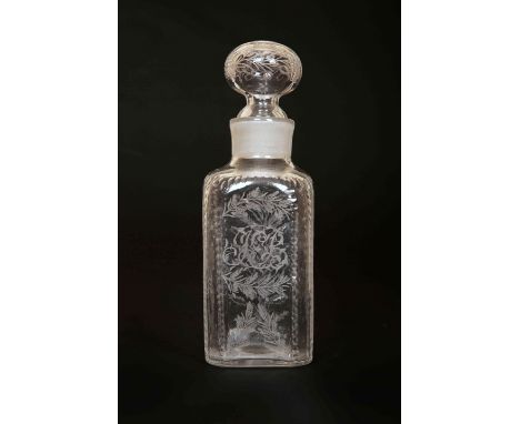 AN EARLY 19th CENTURY ENGRAVED GLASS DECANTER, of square form, engraved with foliage and with open tasting stopper; together 