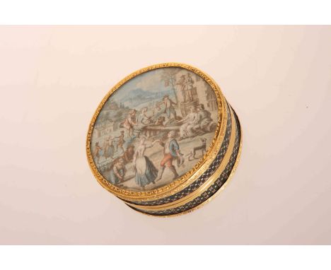 A FRENCH GOLD MOUNTED, LACQUER AND PIQUE SNUFF BOX, the cover with inset watercolour of villagers dancing, the interior torto