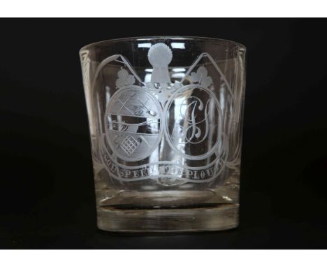 AN EARLY 19TH CENTURY ENGRAVED GLASS "FARMERS ARMS" CUP, of tapering cylindrical form with scroll handle, engraved with crest