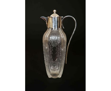 A GEORGE V SILVER-MOUNTED CUT AND FROSTED GLASS CLARET JUG, the silver hallmarked for John Grinsell & Sons, Birmingham 1920, 