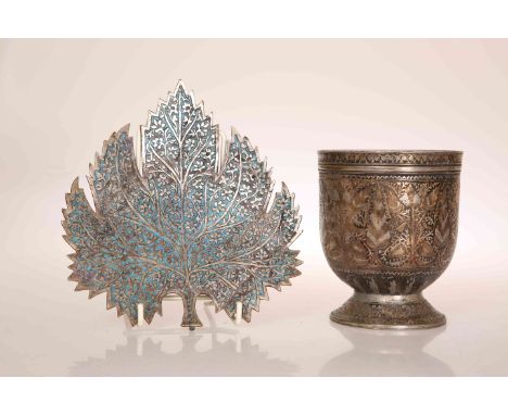 AN INDIAN NIELLO WORK GOBLET IN THE MUGHAL TASTE, elaborately decorated with stylised leaves in a palette of copper and silve