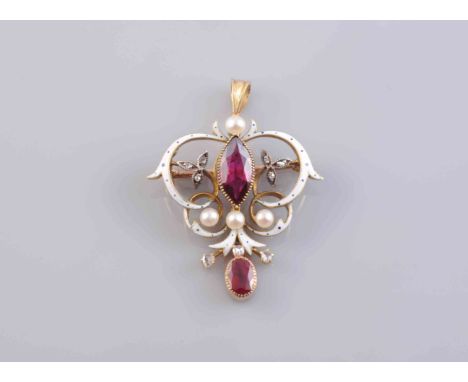 AN EDWARDIAN RUBY, ENAMEL, DIAMOND AND SEED PEARL PENDANT BROOCH, the oval mixed cut millegrain set ruby set on an articulate