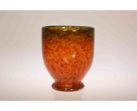 A MONART FOOTED VASE, orange glass with green aventurine inclusions. 16.5cm