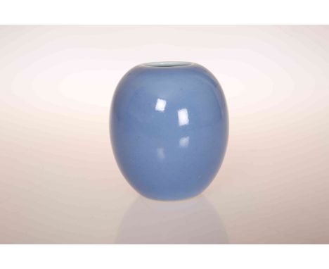 A SMALL CHINESE BLUE GLAZED OVOID VASE, with six character mark within double circles. 7cm