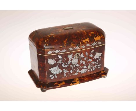 A MOTHER-OF-PEARL INLAID, IVORY-MOUNTED TORTOISESHELL TEA CADDY, SECOND QUARTER OF THE 19th CENTURY, bow-fronted, with canted