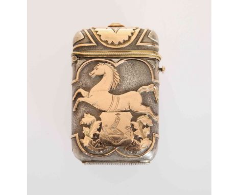 A CONTINENTAL GOLD AND SILVER VESTA CASE, LATE 19TH CENTURY, unmarked, bearing the crest and motto of the Molesworth family, 