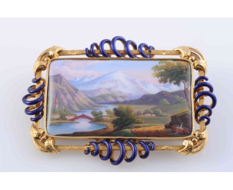 AN UNUSUALLY LARGE ENAMEL BROOCH, the square shaped mount set with an enamel pictorial scene, within a surround of moulded an
