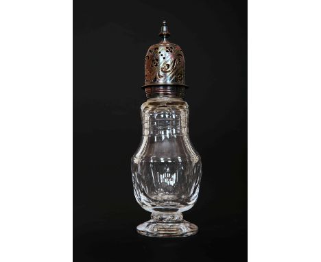 A GEORGE III CUT-GLASS AND SILVER SPICE CASTER OR MUFFINEER, circa 1800, the panelled body of baluster form, on a circular fo