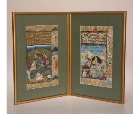 TWO INDIAN WATERCOLOURS, IN THE MUGHAL STYLE, one depicting the procession of a notable lady, the border with kneeling figure