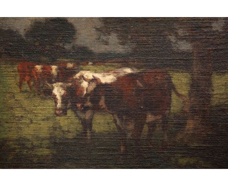 HORACE MANN LIVENS (BRITISH, 1862-1936), COWS AT PASTURE, signed lower left, oil on canvas, laid on board, unframed. 29cm by 