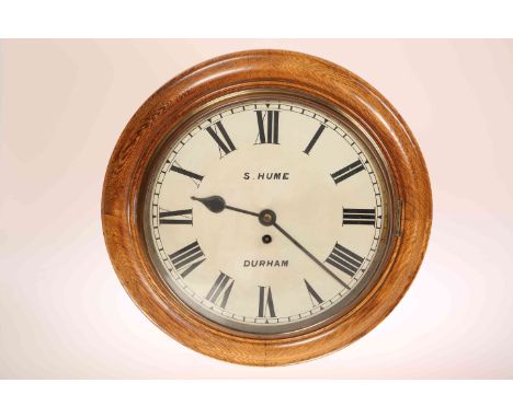 A LATE 19th CENTURY OAK CASED WALL CLOCK, with single fusee movement, with pendulum, the white enamel dial signed S. Hume, Du