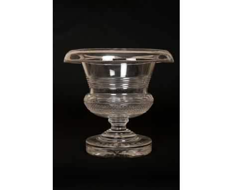 A LARGE 19TH CENTURY PEDESTAL GLASS VASE with hatched and etched decoration and on a circular base. 26cm high 