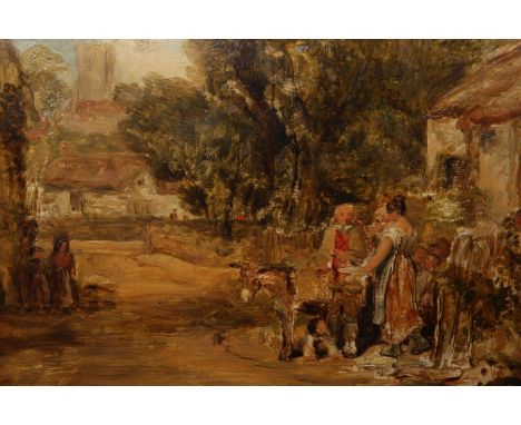 WILLIAM COLLINS (BRITISH 1788-1847), THE CHERRY SELLER, signed lower left, extensively inscribed label verso, oil on panel, f
