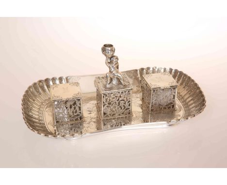 A HANDSOME VICTORIAN SILVER INKSTAND, CHARLES THOMAS FOX & GEORGE FOX, LONDON 1856, the reniform tray with ribbed ends, engra