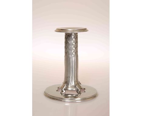 ARCHIBALD KNOX (1864-1933) FOR LIBERTY & COA TUDRIC PEWTER CANDLESTICK, no. 022, with detachable sconce, cast in low relief w