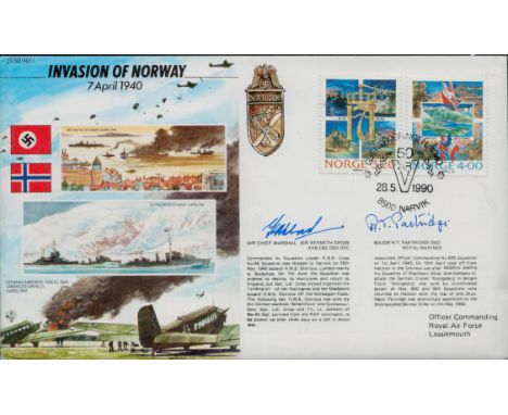 WW2 40/1c Invasion of Norway Special Signed cover by ACM Sir K Cross and R Partridge. 28 5 90 Narvik Postmark Invasion of Nor