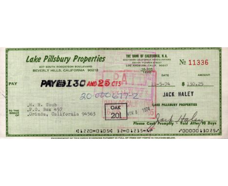 Jack Haley signed cheque dated 11. 5. 74. Certificate of. TV/Film, Entertainment autograph. Good condition. All autographs co