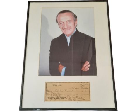 David Niven signed cheque dated 26/3/1962. Mounted and framed below colour photo. Approx overall size 16x12inch. TV/Film, Ent