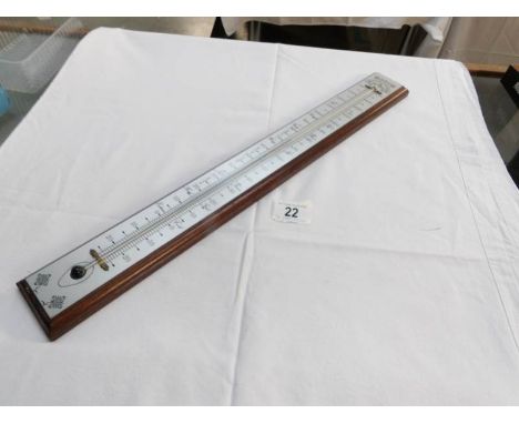 A long thermometer on wood mount