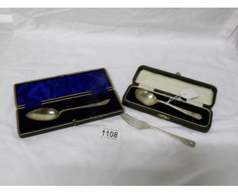 A cased silver Christening spoons and a cases silver spoons and fork