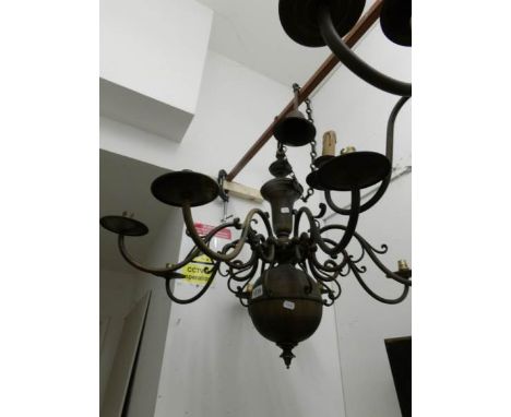 A 6 lamp plated brass ceiling light with surmounted figure heads