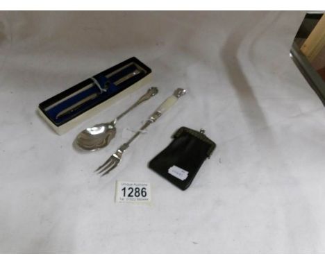 A Victorian pickle fork. a plated spoon, vintage purse and a silver handled knife